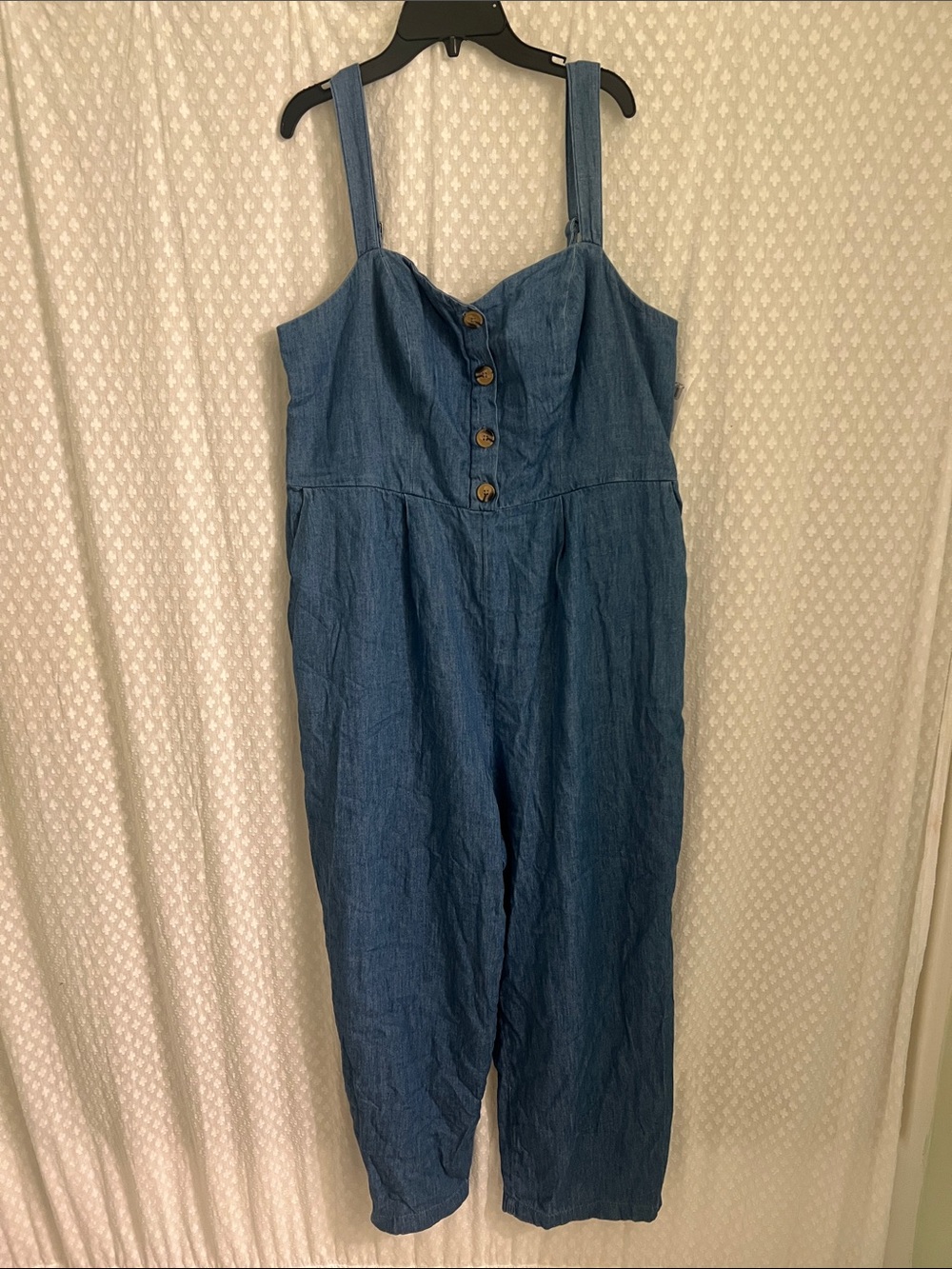 Old Navy Blue Denim Button-Front Jumpsuit with Wide Straps